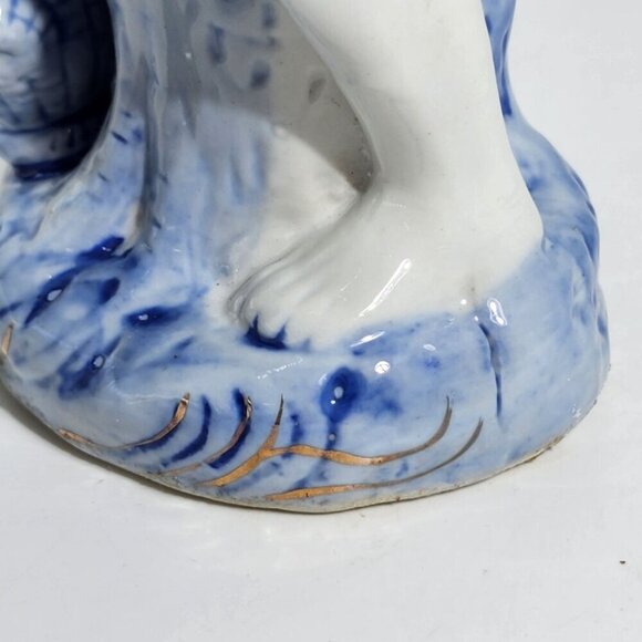 Blue White Porcelain Fisherman Figurine With Fishing Pole Fish On Base Vintage - Picture 11 of 12